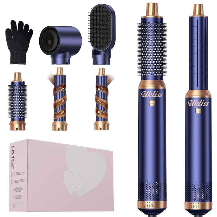 UKLISS 5-In-1 Multi-Functional Styling Tool (Hot Air Brush + Auto Curler) | 5 Detachable Replacement Heads + 3 Temperature Settings | Auto Curling, Create Salon-Level Curls/Waves/Straight/Smooth Styles | Volumize Bangs, Boost Root Volume, Say Goodbye To Frizz | Customizable Styling, Create Layers/Inward Curls | Suitable For All Hair Types - EU F Type Plug(220-240V) - View 2