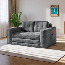 2-Seater Corduroy Modular Foam Sofa Bed, 143x92x61 Cm, Convertible Sleeper Sofa With 2 Cushions, Vacuum Packed - 灰色 - 查看 6