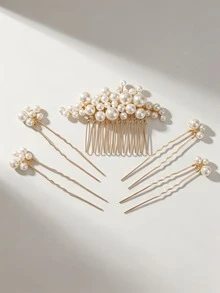 一套 (5款) 簡單組合髮夾，飾以仿珍珠，適用於新娘婚禮、日常度假、派對、生日晚餐及其他優雅場合的髮飾 - 金色 - 查看 2