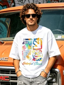 Herren Sommer Lässig Weiches Rundhals Kurzarm T-Shirt, Bunter Bär Root X Muster Grafik Ideal für Frühling und Sommer Tragen. - Weiss - Übersicht 4