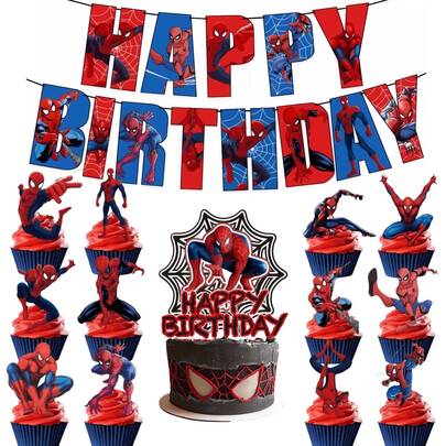 Spider Superhero Cake Topper Set, Includes Cake Flags And Picks, Cake Decorations For Boys Birthday Cakes