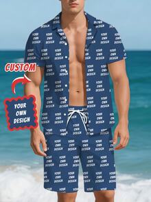 Custom Men's Hawaiian Shirt And Shorts Set, Button-Down Shirt With Cuban Collar + Beach Shorts Combination, Personalized Men's Holiday Outfit, Can Be Printed With Funny Interesting Face Design, Suitable For Daily, Events, Holiday Wear, Anniversary, Birthday Or Holiday Gift For Boyfriend, Family, Friends - Multicolor - View 1