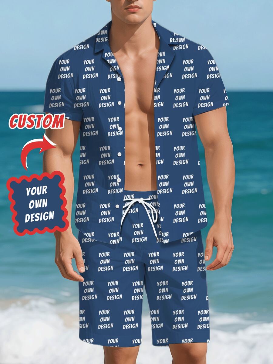 Custom Men's Hawaiian Shirt And Shorts Set, Button-Down Shirt With Cuban Collar + Beach Shorts Combination, Personalized Men's Holiday Outfit, Can Be Printed With Funny Interesting Face Design, Suitable For Daily, Events, Holiday Wear, Anniversary, Birthday Or Holiday Gift For Boyfriend, Family, Friends - Multicolor - View 1