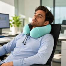 Travel Cervical Pillow Without Head Droop, Ergonomic U-Shaped Cervical Pillow Made Of Memory Foam, 360° Cervical Support For Naps On Airplanes, In Cars And In Offices, Washable Cover. - Mint Blue - View 7