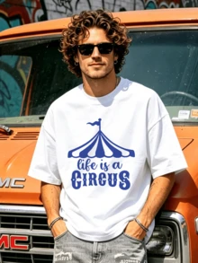 Herren Sommer Lässig Weiches Rundhals Kurzarm-Shirt, Life Is A Circus Blau Muster Grafik Frühling und Sommer Kleidung. Weiß - Weiss - Übersicht 4