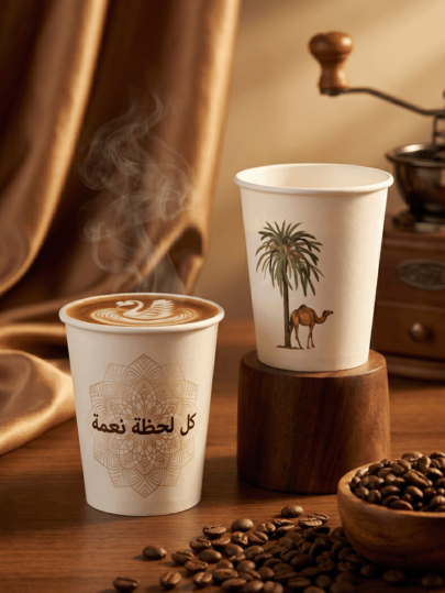 MOSXLOXY 50/20pcs Arabic Paper Coffee Mugs - Camel And Palm Tree Pattern, With Arabic Blessings, Suitable For Arabic Gatherings And Daily Use, For Serving And Distributing.