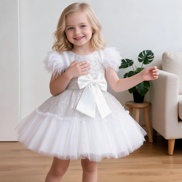 Girls' Sleeveless Feather Decorated Sequin Mesh Tulle Puff Dress, Summer Formal Pageant Gown For Young Girls 4-8 Years Old, Birthday Party, Photography, Western Costume For 1-3 Years Old Young Girl, Christening, Holiday, Wedding, Ceremony