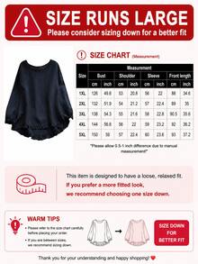 Blusa de manga farol de unicolor con cuello redondo, manga larga para primavera/verano, con volantes y bajo asimétrico con abertura lateral para mujer de talla grande - Azul Marino - Ver 4