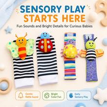 4pcs Infant Wrist Rattle & Socks Set, Cute Insect Design, Baby Shower Gift - Striped Socks 4-piece Set - View 3