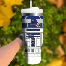 R2-D2 40 Oz Tumbler With Handle And Straw, Stainless Steel Insulated Travel Mug, Reusable Iced Coffee Water Bottle Cup, Disney Sci-Fi Movie Fan Gifts For Men - War Star - View 2