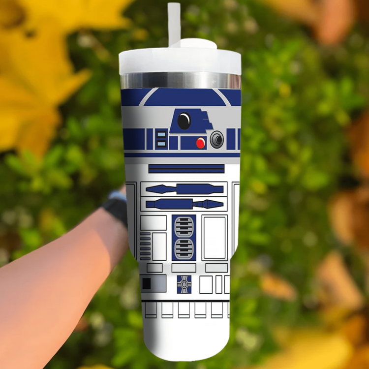R2-D2 40 Oz Tumbler With Handle And Straw, Stainless Steel Insulated Travel Mug, Reusable Iced Coffee Water Bottle Cup, Disney Sci-Fi Movie Fan Gifts For Men - war star - 查看 2