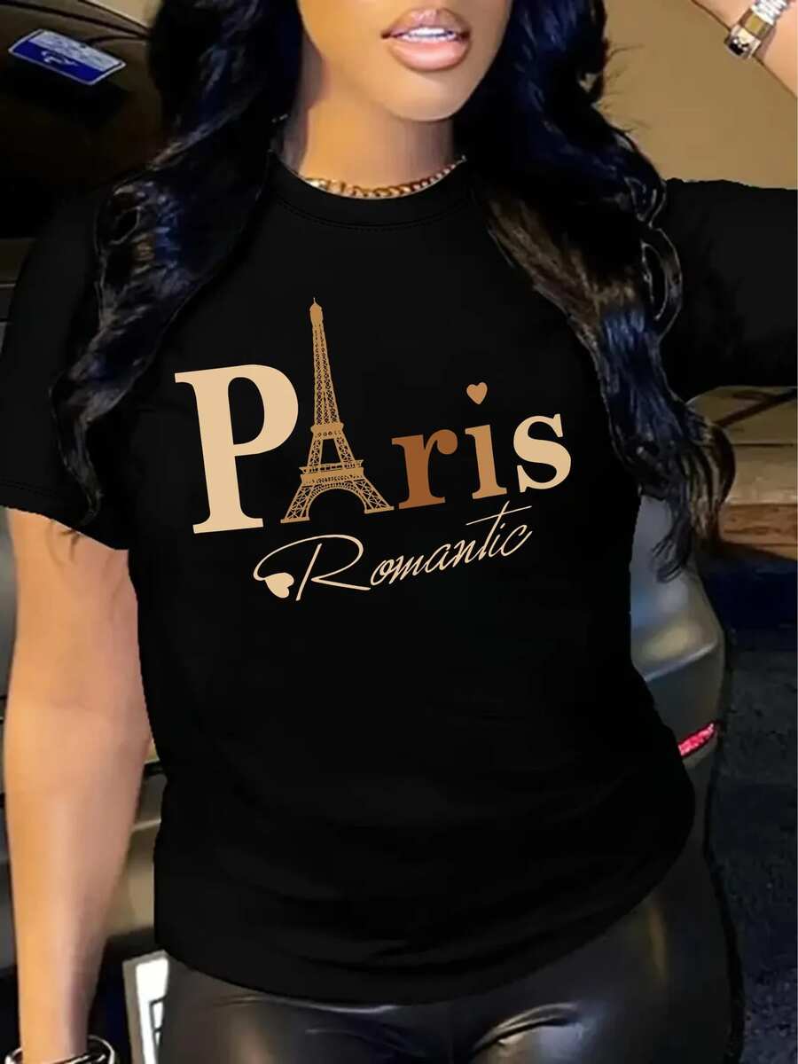 Paris Letter Print + Short Sleeves + Round Neck T-Shirt - Black - View 1