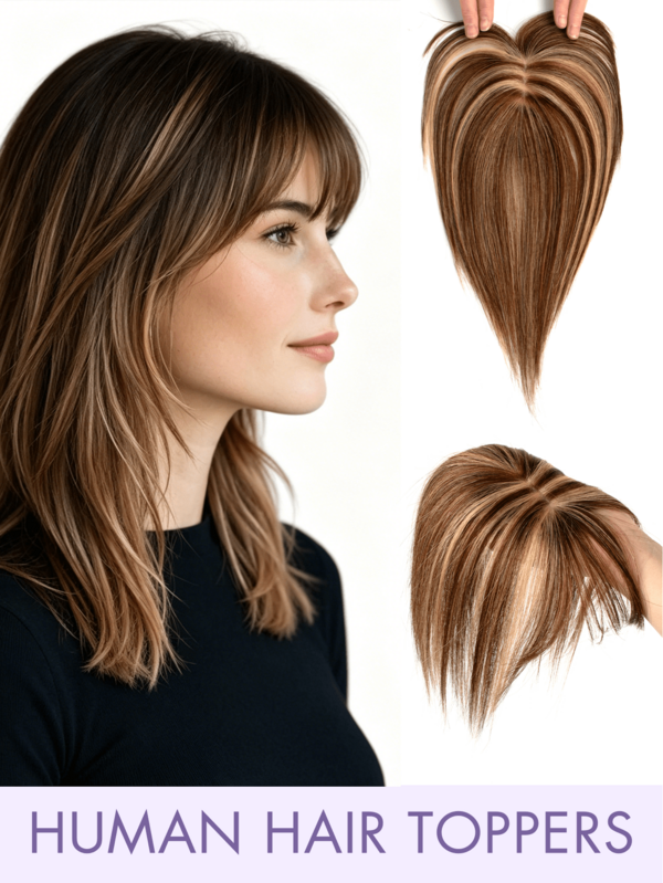 8-14 Inch Human Hair Topper With Bangs, 360° Natural Voluminous Clip-In Hairpiece For Women, Covers Thinning Hair, Silky Straight Texture, A01/A02 Style, Summer Travel And Holiday Accessory