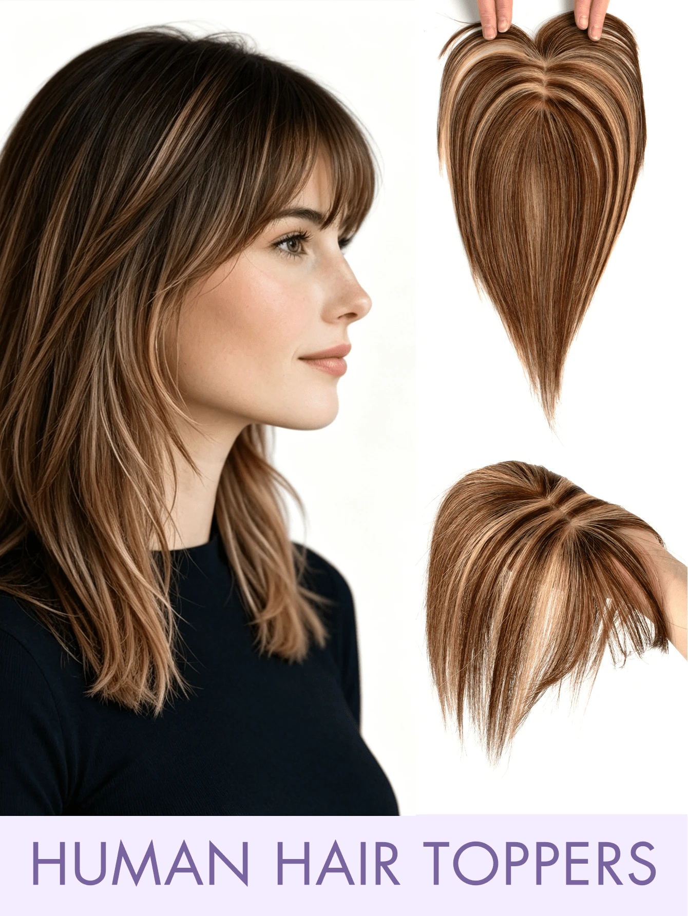 8-14 Inch Human Hair Topper With Bangs, 360° Natural Voluminous Clip-In Hairpiece For Women, Covers Thinning Hair, Silky Straight Texture, A01/A02 Style, Summer Travel And Holiday Accessory