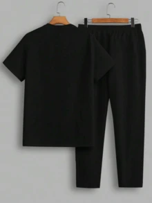 2pcs/Set Men's Letter Print Knit Crew Neck Short Sleeve T-Shirt And Loose Straight Leg Casual Pants, Suitable For Spring/Summer, Comfortable Style - Black - View 4