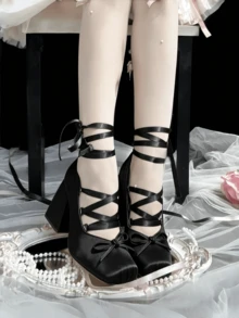 Ballet Mary Janes High Heels For Women Square Toe Satin Lace Up Ballerina Stiletto Heels With Bow Elegant Wedding Party Pump Heels For Women  - a黑色 - 查看 1