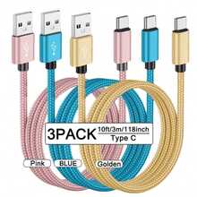 3条装 USB-A 转 USB-C 快速充电数据线 [1米/2米/3米] 尼龙编织 Type-C 同步线。兼容三星 Galaxy A14 5G/A13/A54/A53/A23/A24/A03s/S23/S22 Ultra/S21/S20；也兼容 16/15 系列和各种安卓智能手机。适用于 Type-C 充电器。 - 彩色 - 查看 33