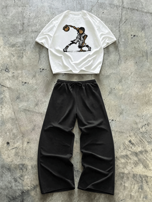 2pcs/Set Men's Basketball Player Graphic Print Crew Neck Short Sleeve T-Shirt And Drawstring Waist Casual Straight Leg Pants Sports Outfit