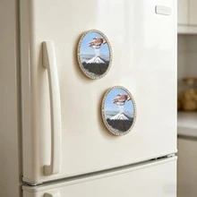 1pc Metal Fridge Magnet, Oval Vintage Decor Magnet With Snowy Mountain Painting, Handcrafted Rhinestone Embellished Fridge Magnet, Perfect Gift, Home Decor! - one-size - View 4