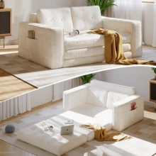 2-Seater Corduroy Modular Foam Sofa Bed, 143x92x61 Cm, Convertible Sleeper Sofa With 2 Cushions, Vacuum Packed - Beige - View 3