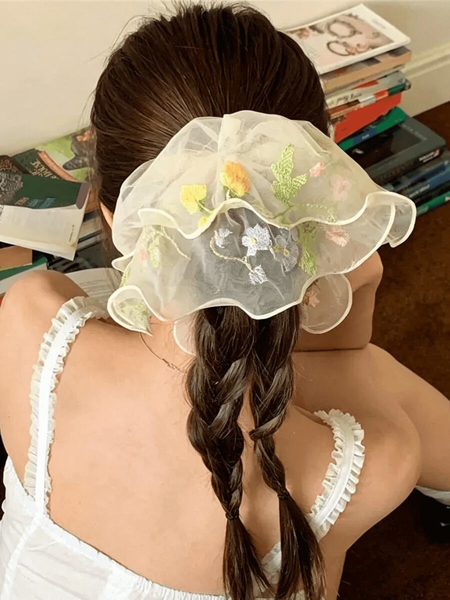 1pc Korean Embroidered Mesh Flower Hair Scrunchie, Gentle Fresh Daily Hair Accessory Ponytail Hair Ties Elastics Rubber Bands - Multicolor - View 1