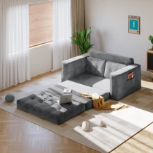 2-Seater Corduroy Modular Foam Sofa Bed, 143x92x61 Cm, Convertible Sleeper Sofa With 2 Cushions, Vacuum Packed - 灰色 - 查看 9