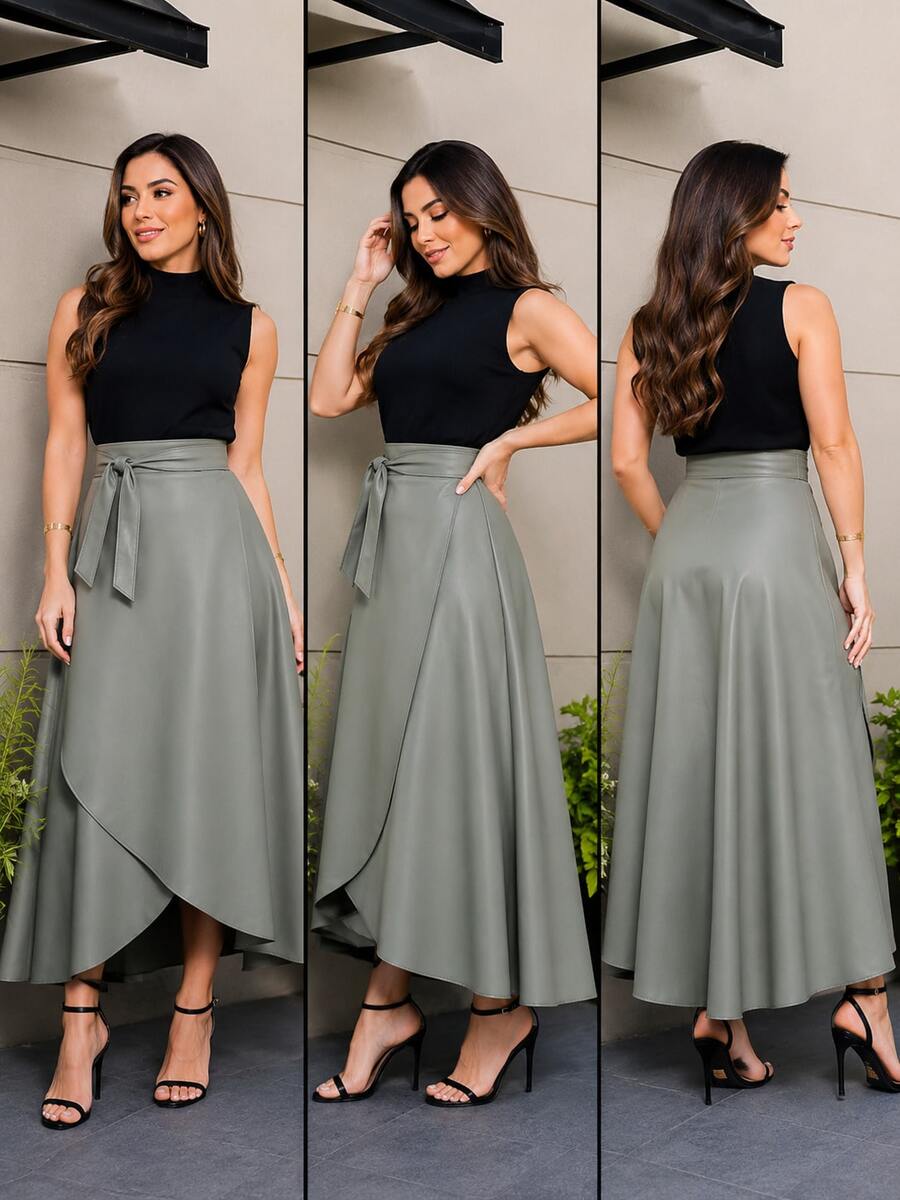 Wrap Skirt In Leatherette With Elastane - Olive Green - View 1