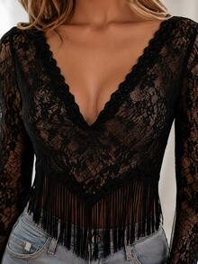 Women's Boho White Lace Fringe Halter Top, Sexy Deep V Sheer Lace, Sleeveless Fringe Hem,  Outfit For Summer, Beach, Music Festival & Night Out - Long sleeved black - 查看 6