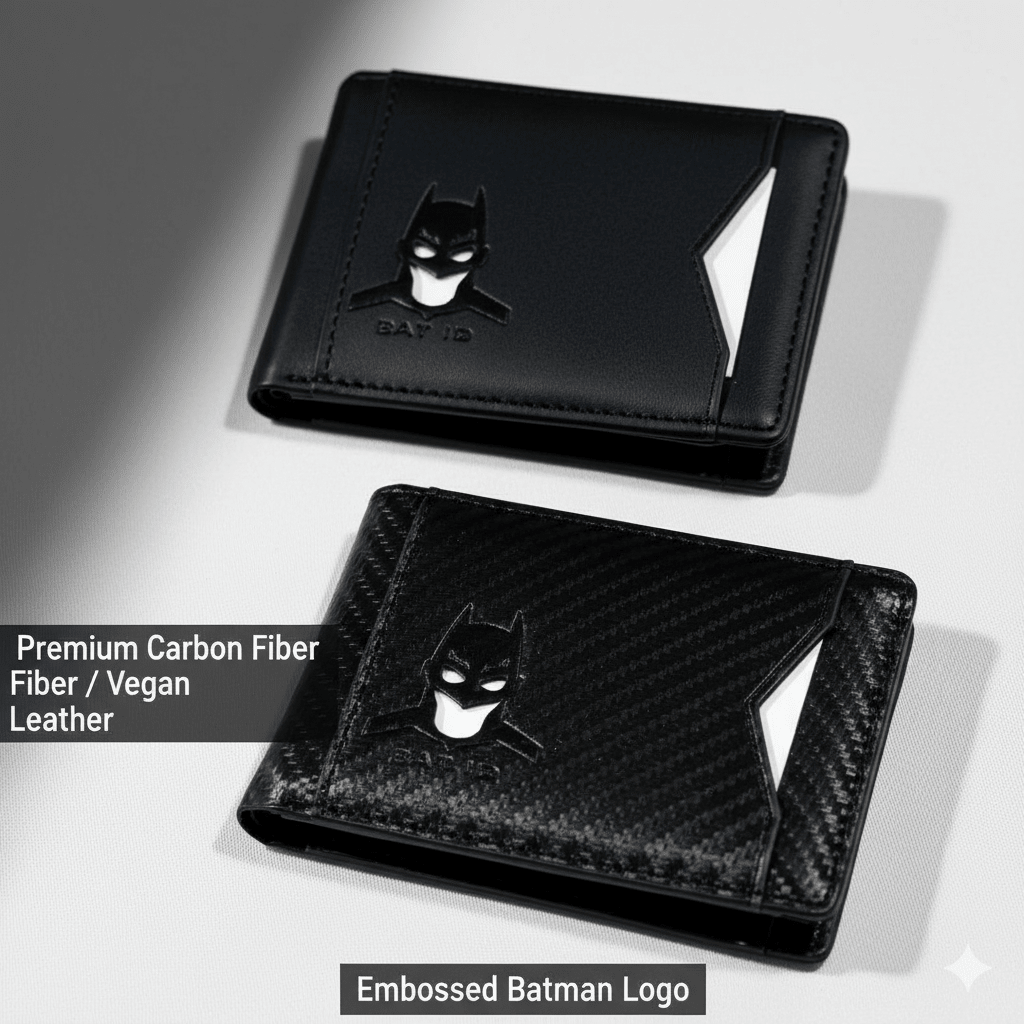 Cartera plegable con tema de superhéroes de Warner Bros. - Esta cartera compacta, delgada y ligera de piel sintética presenta un diseño clásico de