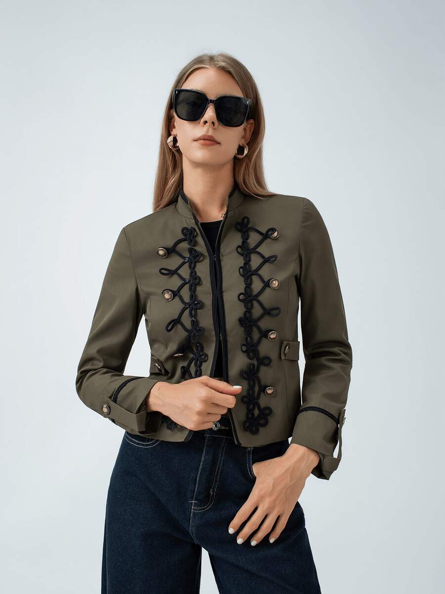 HZXVIC Jaket Militer Gaya Napoleon Vintage Baru untuk Wanita, Kerah Tegak, Blazer Pendek Berkancing Depan, Cocok untuk Musim Gugur dan Gaya Jalanan - Olive Green - View 1