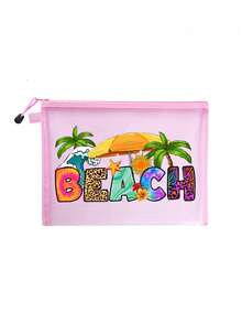 印有「Beach」海灘主題波浪圖案網格化妝包，附椰子樹、海星、太陽、遮陽傘圖案，紅色墊層便攜式化妝收納包，護膚包，旅行必需品，宿舍用品，新娘婚禮禮物，母親節禮物，生日禮物，同事、朋友、老師禮物，浴室收納 - 彩色 - 查看 17