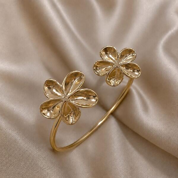 1 pieza Elegante brazalete de metal de alta calidad con diseño minimalista de flor para mujeres