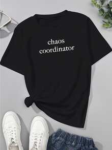 Women's T-Shirts Lettering Print Comfortable Color T-Shirts Casual Style - 黑色 - 查看 1