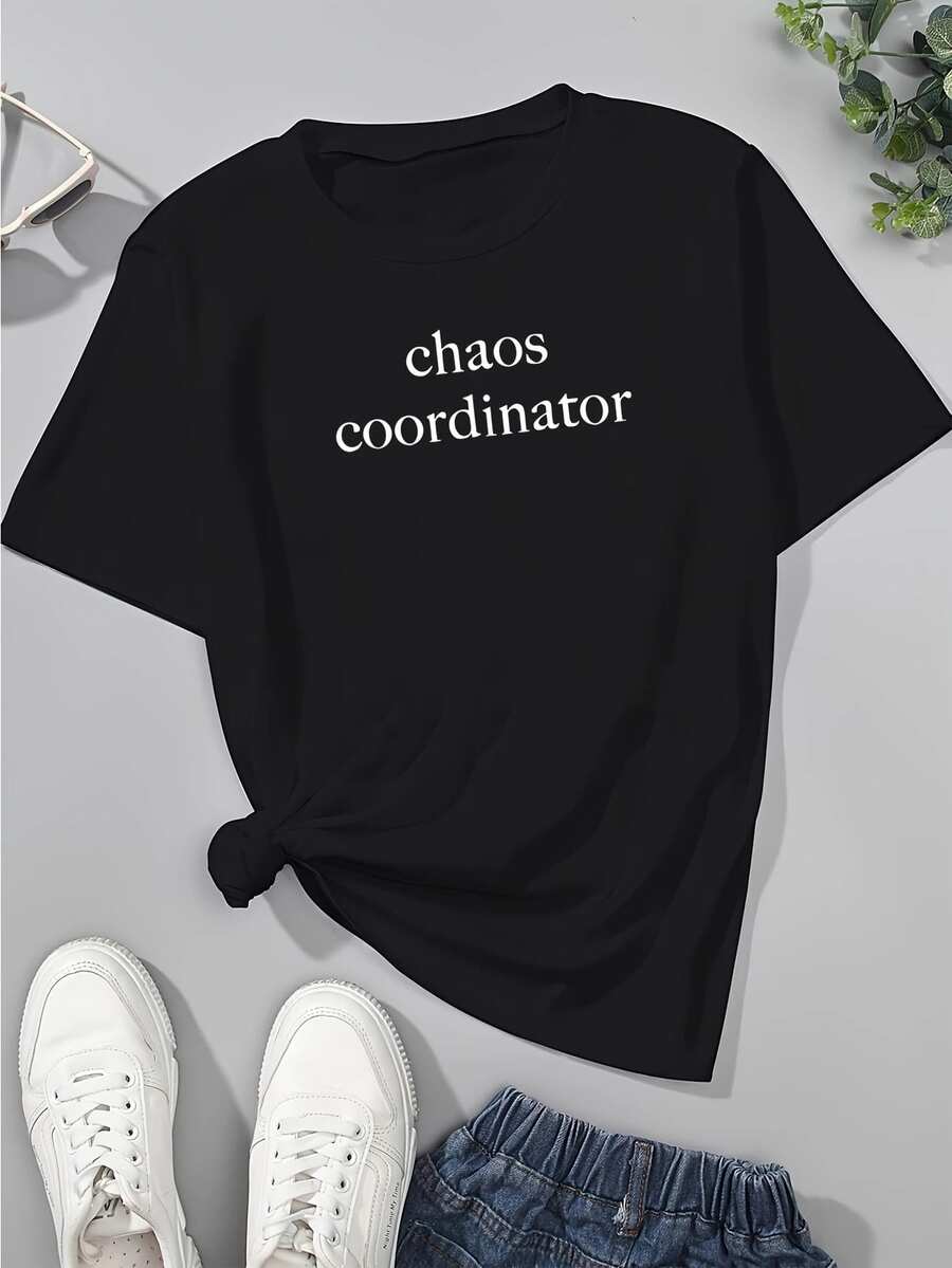 Women's T-Shirts Lettering Print Comfortable Color T-Shirts Casual Style - 黑色 - 查看 1