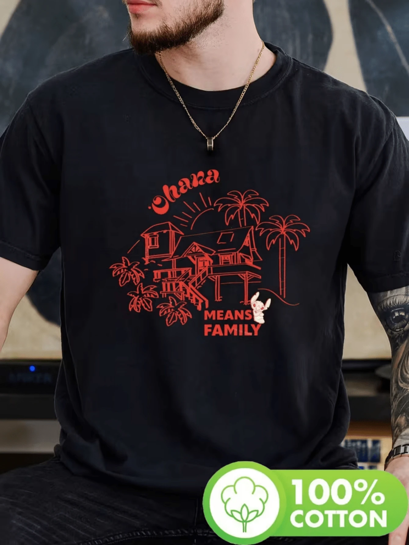 (Disney T Shirts)Stitch (Lilo & Stitch) 'Ohana Means Family' Hawaiian Beach House Line Art Print 100% Cotton Crew Neck Short Sleeve Graphic Tee Men's Summer Casual Top, Mens Clothes, Men, Ropa De Hombre, Summer Clothes, Men Shirts, Graphic Tees, Disney Outfits Men, Graphic Tees, Camisetas Para Hombre, Camisas Para Hombre, Summer Outfits For Men, Father's Day Gift, Perfect Gift For Family And Friends, Which Are Necessary For Birthday Parties, Disney Shirts, Mens Clothes, Summer Clothes, Officially Licensed Disney T-Shirts, Disney Men's And Women's Spring/Summer Fashion Casual Short-Sleeve T-Shirts - Black - View 1