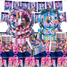 51件組 K-POP 女團主題返校派對服裝套裝，適合10人使用，一次性生日派對餐具包含盤子、杯子和餐巾紙，節日裝飾用品，適用於露營、野餐、後院燒烤和派對裝飾，亦適合萬聖節、聖誕節和派對裝飾，是給粉絲的驚喜禮物 - 彩色 - 查看 8