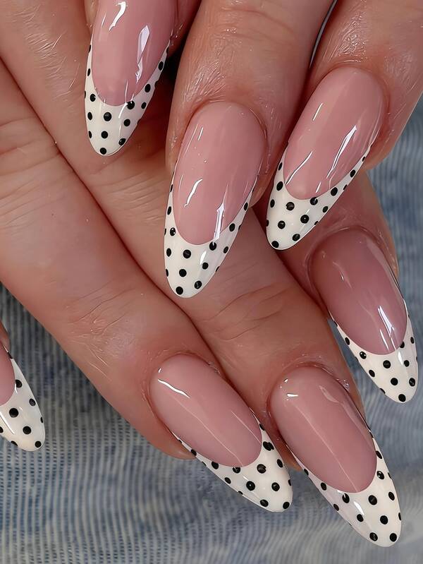 24pcs Medium Almond Press-On Nails! Elegant Retro Cloud White Wide French Fashionable Polka Dot Design, Classic Daily Black And White Contrasting Polka Dot Pattern, Full Cover Fake Nails, Suitable For Women And Girls