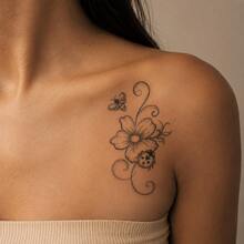 1pc Waterproof & Smudge-Proof Temporary Tattoo, PVC Realistic Ladybug & Floral Tattoo Sticker, Suitable For Daily Use - Grey - View 4