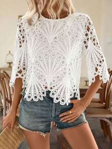Plus Size Women's White Lace Crop Top, Round Neck, 3/4 Sleeve, Semi-Sheer Hollow Design, Asymmetrical Hem Summer Vacation - White - View 2