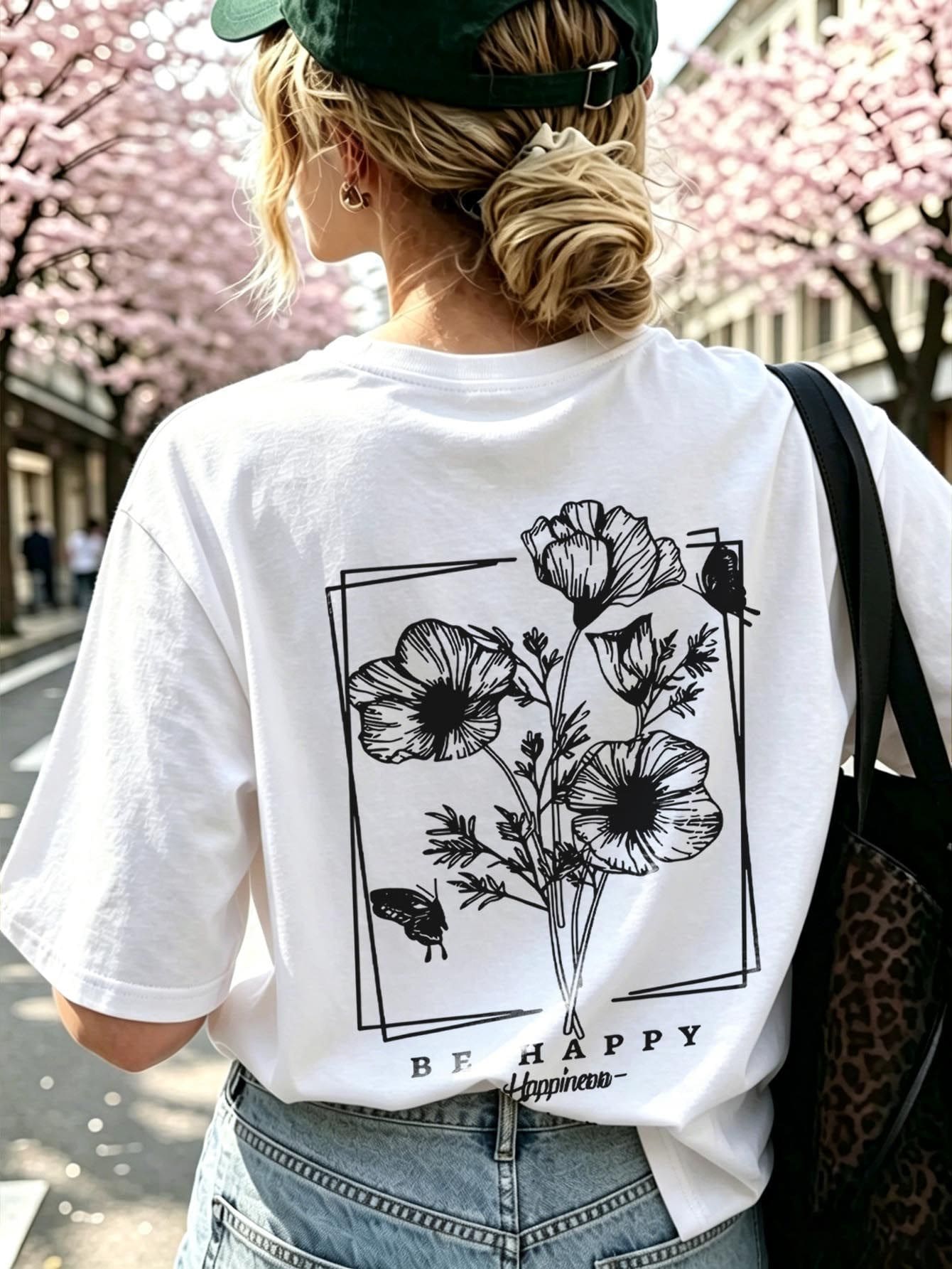 夏季新款極簡時尚花卉與蝴蝶印花休閒圓領短袖T恤,女款白色度假百搭日常穿搭,波希米亞風 - 白色 - 查看 1