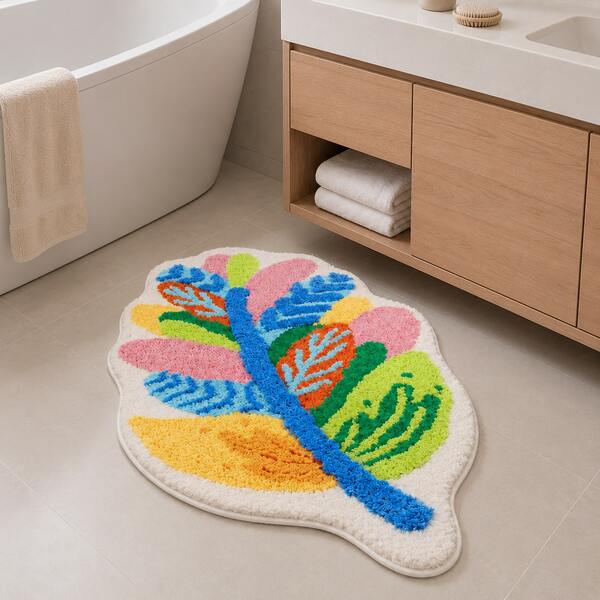 1PC Colorful Leaf Shaped Bathroom Rug, Multicolor Faux Velvet Asymmetrical Carpet With Low-Pile Short Plush, Machine Washable & Easy Clean Non-Slip Bath Mat For Home Decor,Apartment Essentials,Bathroom Rug Area Rug For Bedroom Or Living Room Decor