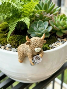 4pcs/1pc Highland Cow Statue Planter Decor, Highland Cow With Wine Glass Design, Cute Planter Accessories Resin Frog Statue Fairy Garden Aesthetic Plant Decor, Suitable For Garden, Yard, Lawn Decor Enthusiasts - A - View 15