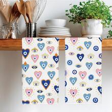 2pcs Minimalist Colorful Heart & Evil Eye Pattern Kitchen Towels, Soft Polyester Material Dish Cloths, Suitable For Kitchen Decor, Cleaning, Holiday Party Decoration, Kitchen & Bathroom Essentials, Home Decor, Housewarming Gift - Multicolor - View 2