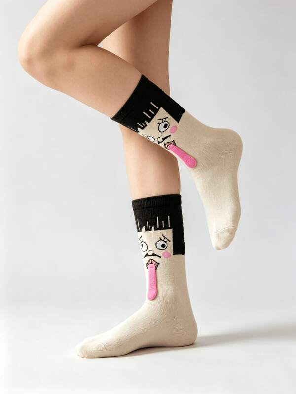 1/2 Pairs Funny Abstract Ugly Face Tongue Out Straight Tube Socks, Suitable For All Seasons