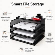 Metal Desktop File Tray, Retractable, A4 Size, Multi-Layer Mesh Document Organizer Rack For Office - Rectangle - View 6
