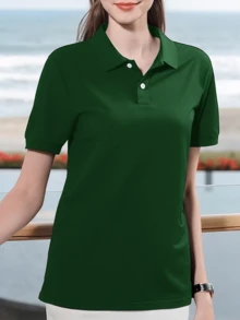 女款大尺碼經典 Polo 衫 素色短袖修身休閒日常基礎 T-shirt 上衣 - 墨綠色 - 查看 1