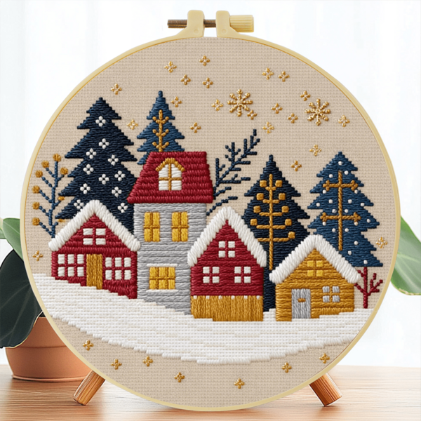 Bộ dụng cụ thêu, kích thước 15 * 15cm/5.9 * 5.9in-20 * 20cm/7.9 * 7.9in, chủ đề: Thị trấn mùa đông, kèm khung thêu, bộ thêu thủ công tự làm, phù hợp cho người lớn và người mới bắt đầu, bao gồm hướng dẫn sử dụng, vải in mẫu, khung thêu, kim và chỉ, v.v. Có thể dùng làm vật trang trí nhà cửa và quà tặng cho gia đình và bạn bè.
