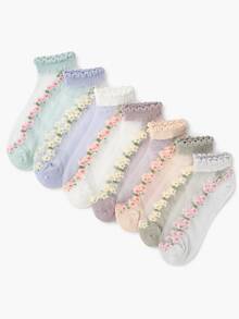 5 Pasang Kaos Kaki Pendek Tipis Motif Bunga Acak, Lembut & Nyaman untuk Sehari-hari, Kerja, Sekolah, dan Pakaian Kasual - MultiWarna - View 3