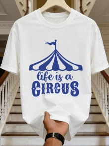 Herren Sommer Lässig Weiches Rundhals Kurzarm-Shirt, Life Is A Circus Blau Muster Grafik Frühling und Sommer Kleidung. Weiß - Weiss - Übersicht 5