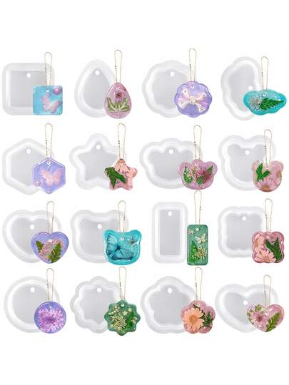 16pcs Assorted Geometric Pendant Silicone Molds With Hanging Holes, Jewelry UV Resin Molds, Epoxy Resin Necklace Keychain Molds, Versatile Pendant Molds For Girls, Creative Mother's Day Gift